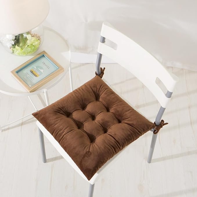 2 Pack Square Seat Cushion Chair Pads for Kitchen Dining Chairs, Soft Comfort Velvet Chair Mat Pillow Cushions with Ties for Office Desk Living Room Tatami 15.5", Coffee - Image 6