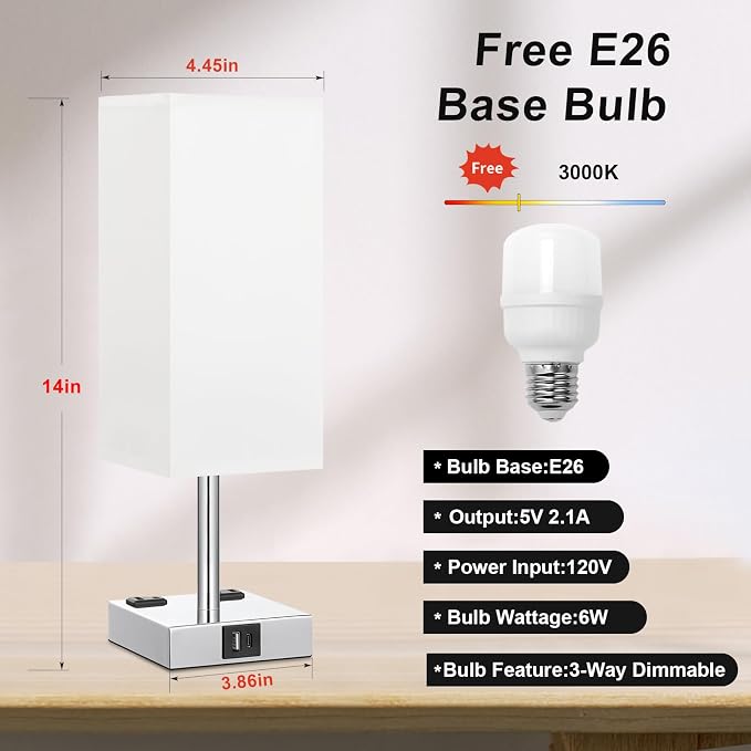 White Touch Table Lamp for Bedroom - Dimmable, USB C+A, 2 AC Outlets | 3-Way Dimming, 3000K Bulb Included, Square White Lampshade and Silver Base, Desk Lamp for Nightstand, Living Room, Dorm - Image 5