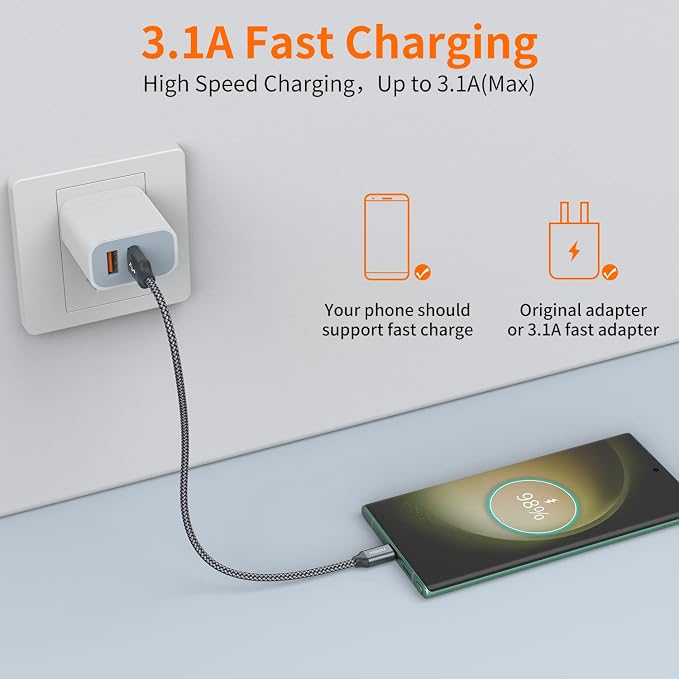 JXMOX Short USB C Cable (0.5ft 3-Pack), USB A to Type-C Charger Cord 3.1A Fast Charging Compatible with iPhone 15 16 Pro Max, Samsung Galaxy S20 S10 S9, Note 10 9, A80 A70 A50 A40, Power Bank (Grey) - Image 3