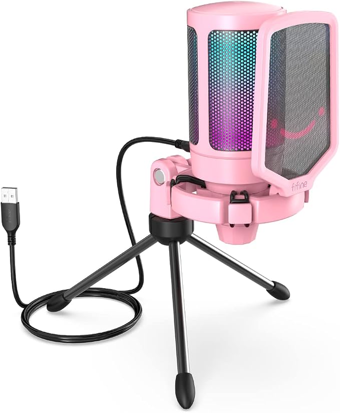 FIFINE AmpliGame Pink USB Gaming Microphone, Condenser RGB Mic for PC/PS5 | RGB Indicator, Gain Control, Quick Mute, Tripod Stand, Pop Filter, Cardioid Pickup, for Streaming Discord Twitch Podcasts by FIFINE