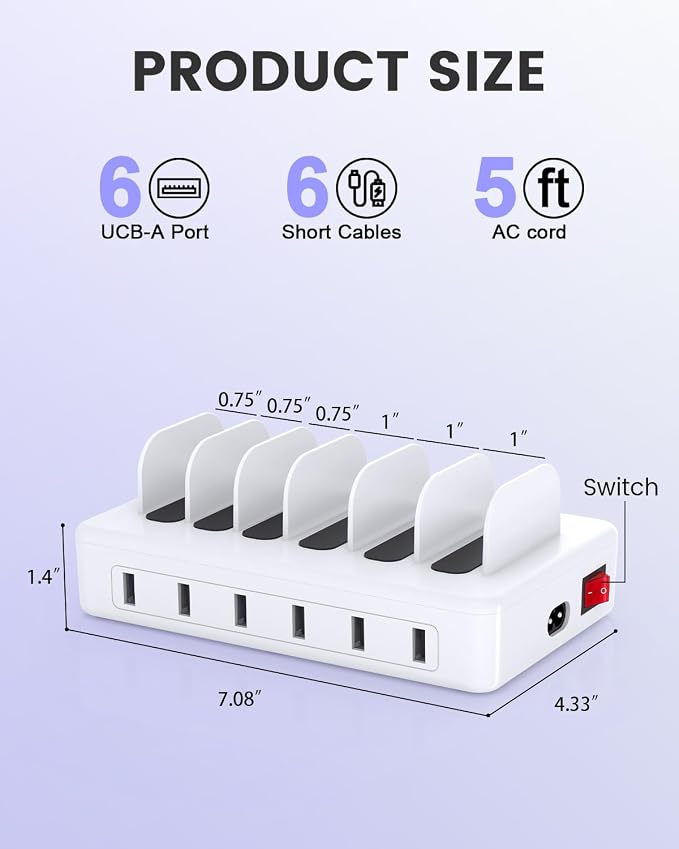 50W Charging Station for Multiple Devices, 6 Port Multi USB Charger Station | with 6 Cables,1 USB-A to USB-C Adapter Converter, Compatible with iPhone,iPad Kindle Tablet and Other Electronic（White) - Image 7