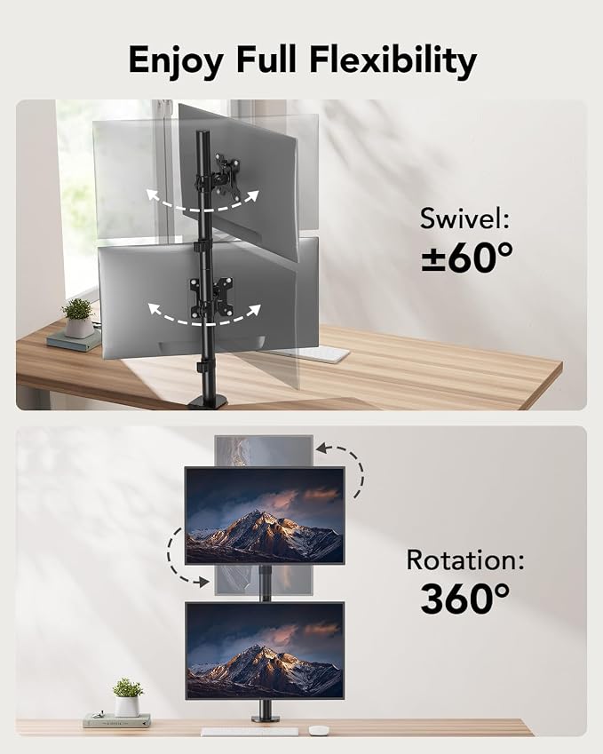 HUANUO Vertical Dual Monitor Mount, Stacked Monitor Stand for 2 Monitors with Height Adjustment Computer Monitor Arm Supports Two 17 to 32 Inch with C Clamp Each Desk Mount Hold up to 17.6lbs - Image 4