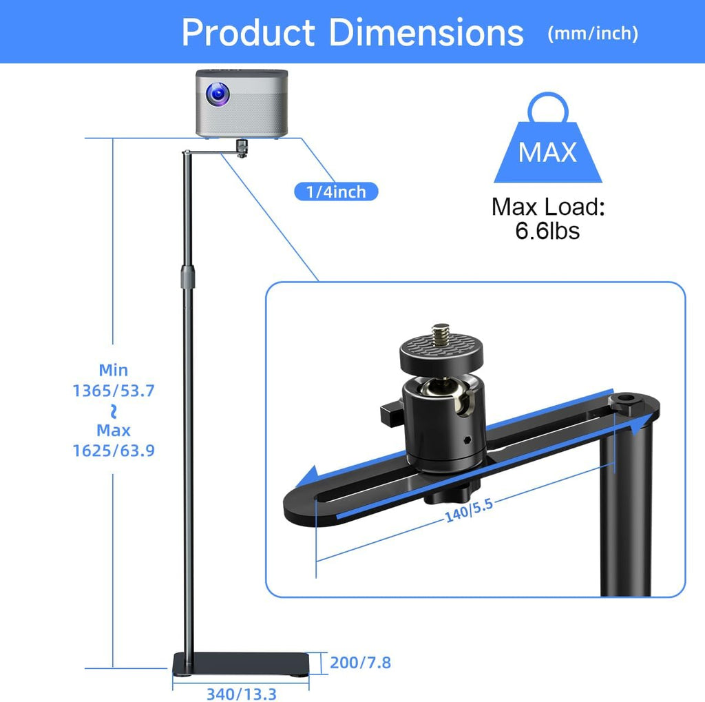 suptek 63.9” Extendable Projector Stand Against Wall Hidden Stand, 360°Swivel, Height Adjustable, Mini Projector Mount Bracket, Compatible with Home Office Video Vlog DVR Camera, PR001FPL - Image 7