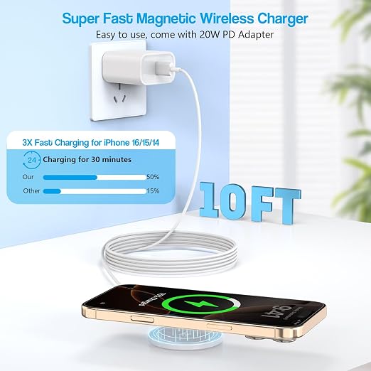 10FT Magnetic Wireless Charger,15W Fast Apple Mag-Safe Charger for iPhone 17/16/15 PD with USBC Apple Fast Charging Block 10Foot Quick Charge for iPhone 17/17 Air/17 16 15 Pro/Pro Max/14/13/12/AirPods - Image 2