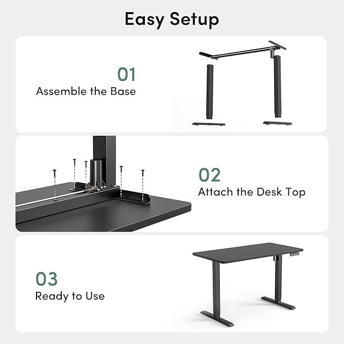 CubiCubi 48 x 24 Large One-Piece Electric Adjustable Standing Desk, Black | Height Adjustable Electric Computer Home Office Sit Stand up Workstation, with Memory Presets, Headphone Hook - Image 6