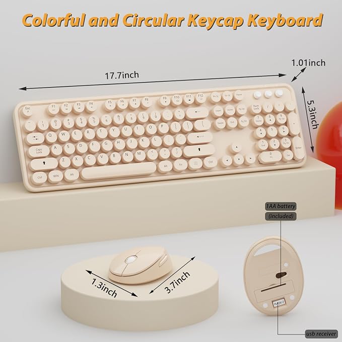 Cute Colorful Wireless Keyboard and Mouse Combo | 104 Keys Typewriter Retro Round Keycaps Keyboard for PC Laptop,Desktop,Windows, Home and Office Keyboards, - Image 6