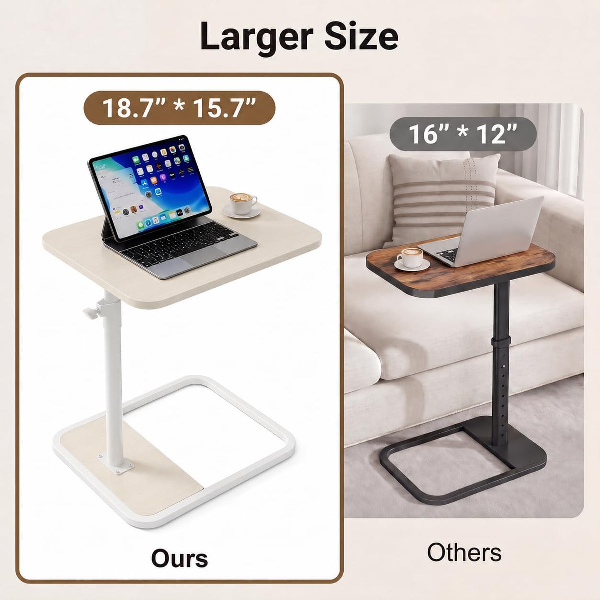 Large TV Tray Table, C-Shaped Side Table with Adjustable Height & Rounded Corners, Snack Table for Couch, Bed or Recliner, for Laptop, Eating & Working, Natural - Image 4