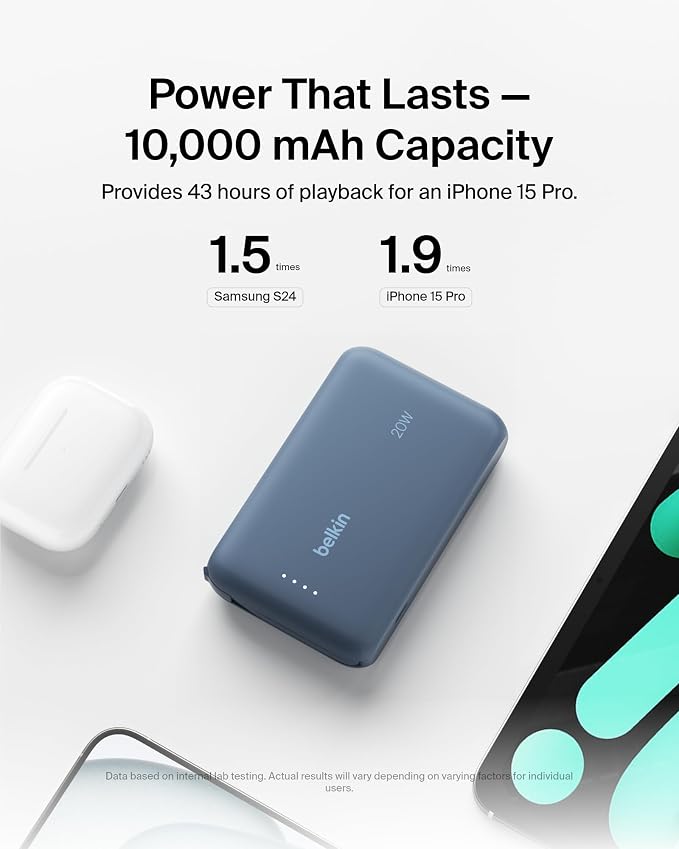 Belkin 10000mAh 20W USB C Power Bank, Portable Charger for iPhone & iPad | Fast Charging, Integrated USB C Cable, Eatra USB C Port, iPhone 17, iPad, Samsung Galaxy S26, Charge 2 Devices - Image 8