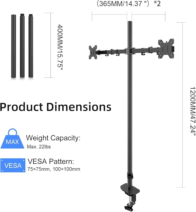 Pholiten Extra Tall Dual Monitor Stand, Dual Monitor Mount, Desk Mount up to 47 inch Pole, 2 Monitor Stand, Computer Monitor Arm, Fully Adjustable Stand for up to 27 inch Screens - Image 5