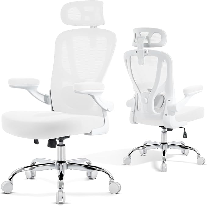 Office Chair Ergonomic Office Chair, Mesh Desk Chair, White, 1 PK | Lumbar Support, Head Support, Rocking Function, Flip-up Armrests, Mesh High Back, Suitable for Home Office - Image 8