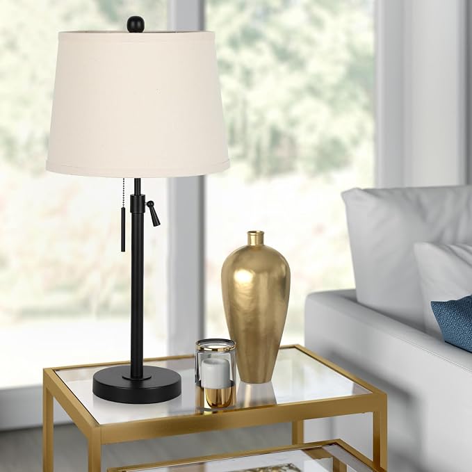 Black Bedside Lamp Tall Table Lamp 22" to 30" Adjustable Height 3 Brightness Way Nightstand with Beige Linen Shade Pull Chain Pole Lights for Living Room Guest Bedroom End Table(Bulb Included, Single) - Image 5