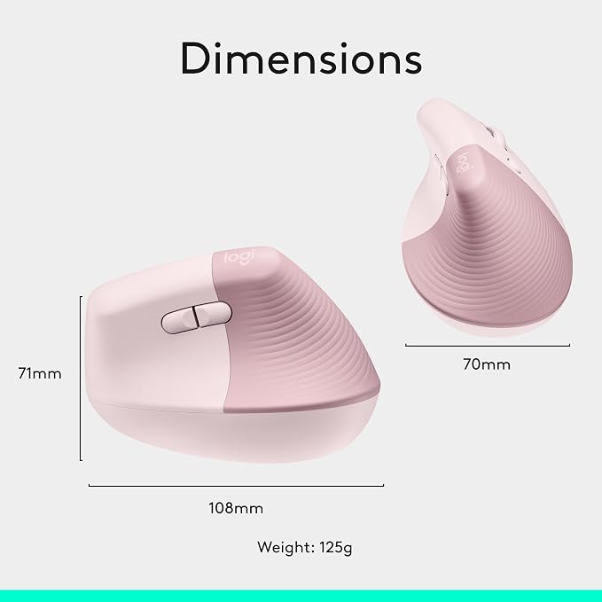 Logitech Lift Vertical Ergonomic Wireless Mouse - Rose | Connect via Bluetooth or included Logi Bolt USB-A receiver, quiet clicks, 4 of 6 buttons customizable, Windows Mac compatible - Image 10