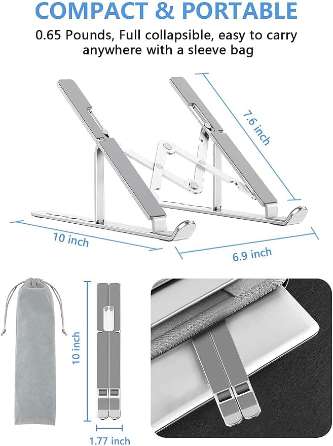 Laptop Stand, Adjustable Aluminum Foldable Portable Holder, Upgrade Whole Anti-Slip Silicone Pad, Laptop Riser for Desk Compatible with MacBook Air Pro/iPad, Lenovo and More 10-15.6” Tablets - Image 3
