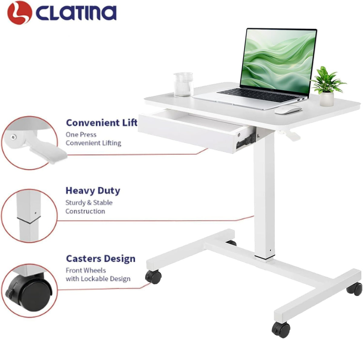 CLATINA Mobile Laptop Standing Desk, Height Adjustable Teacher Podium with Lockable Wheels, Adjustable Work Table with Drawer, Computer Cart Overbed Table for Home Office Classroom, White - Image 4