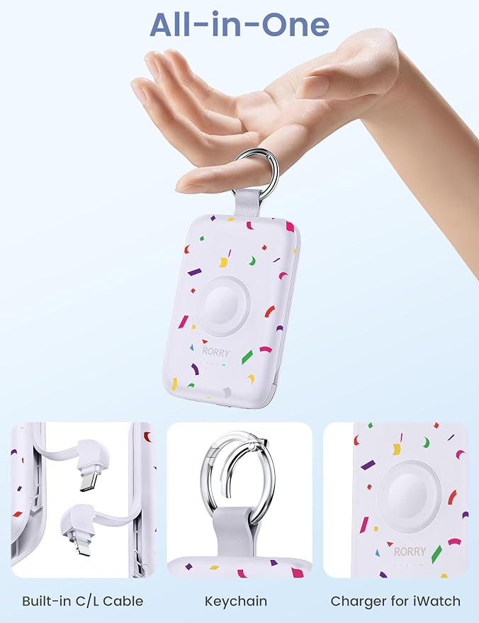 RORRY CharmGo Portable Charger, 10000mAh 20W Fast Charging Power Bank | Built-in Cables, Travel Keychain Battery Pack Essentions for Apple Watch 1~11 Series/Ultra/SE & iPhone Air/17/16/15/14/13/12 - Image 2