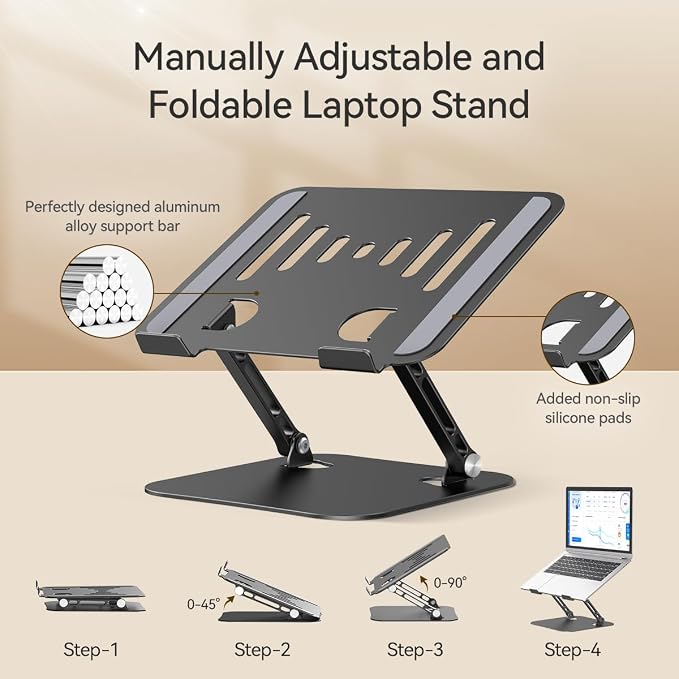 Adjustable Laptop Stand, Aluminum Laptop Riser | Portable Notebook Stand, Foldable Computer Holder for MacBook Air Pro, Dell XPS, HP and All 10–17 Inch Laptops, Black - Image 9