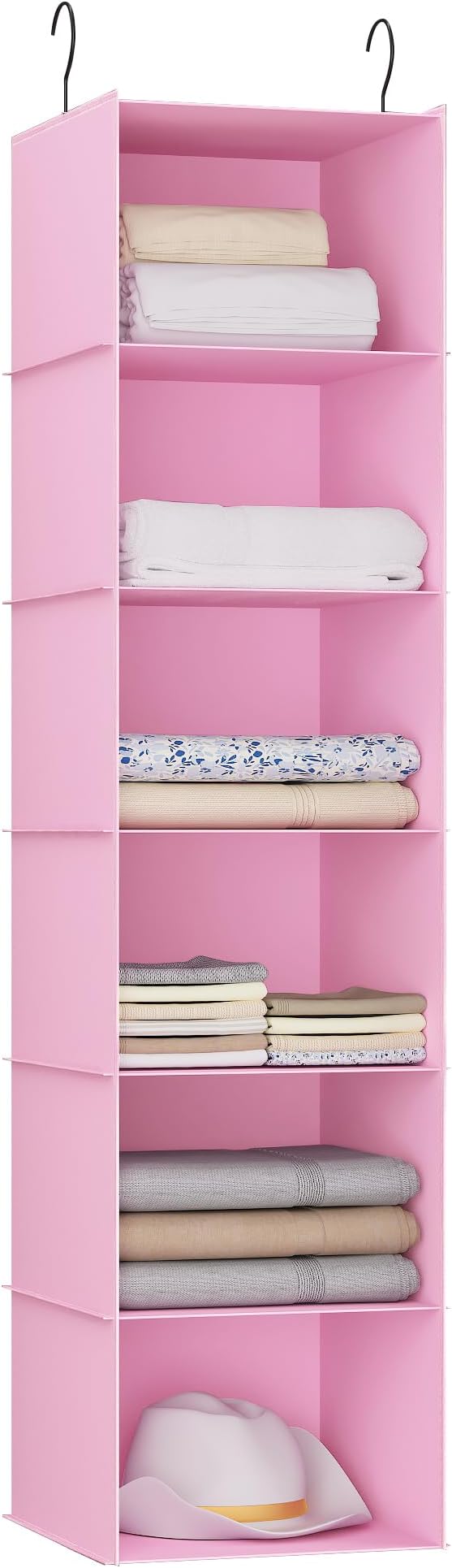 Hanging Closet Organizer 6-Shelf, Oxford Fabric Wardrobe Storage, Pink | Easy-mount foldable design holds clothes, handbags, shoes & accessories; washable Oxford fabric, sturdy and space-saving. by DonYeco