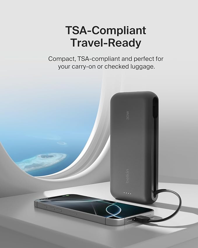 Belkin 20000mAh 30W USB C Power Bank, Portable Charger for iPhone & iPad | Fast Charging, Integrated USB C Cable, Eatra USB C Port, iPhone 17, iPad, Samsung Galaxy S26, Charge 2 Devices - Image 8