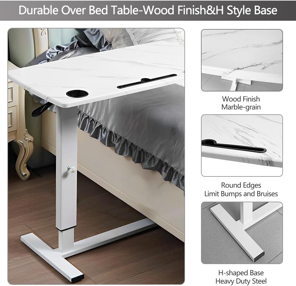 Overbed Table with Wheels & USB,Pneumatic Height Adjustable Bedside Table - Image 6