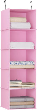 Hanging Closet Organizer 5-Shelf, Oxford Fabric Wardrobe Storage, Pink | Easy-mount foldable design holds clothes, handbags, shoes & accessories; washable Oxford fabric, sturdy and space-saving. by DonYeco