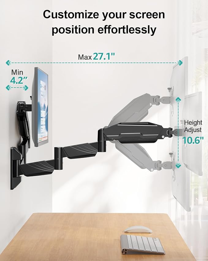 Long Arm Dual Monitor Wall Mount for 17-32" | 27.1" Extra Long Monitor Mount Holds up to 17.6 lbs Each Gas Spring Wall Monitor Arm Full Motion VESA Mount, 75/100, Black - Image 6