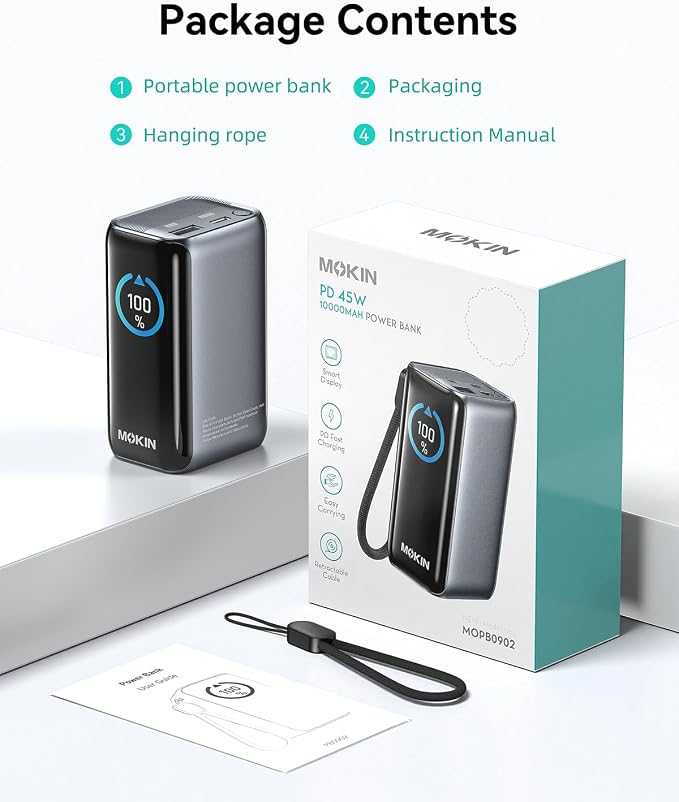 MOKiN Portable Charger 10000mAh, 45W PD Power Bank with Built-in Retractable USB-C Cable, Smart Display Battery Pack, Airline Travel Compliant Charger for iPhone 17/16/15, Samsung Galaxy, iPad & More - Image 8