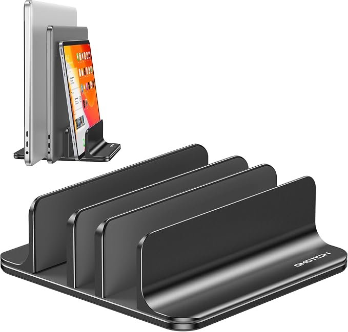 OMOTON 3-Slot Multiple Vertical Laptop Stand, Fits All MacBook, Black | Adjustable Width 0-1.38", Aluminum Office Space-Saving for Desk, Fits MacBook/Book/iPad Up to 17.3in by OMOTON