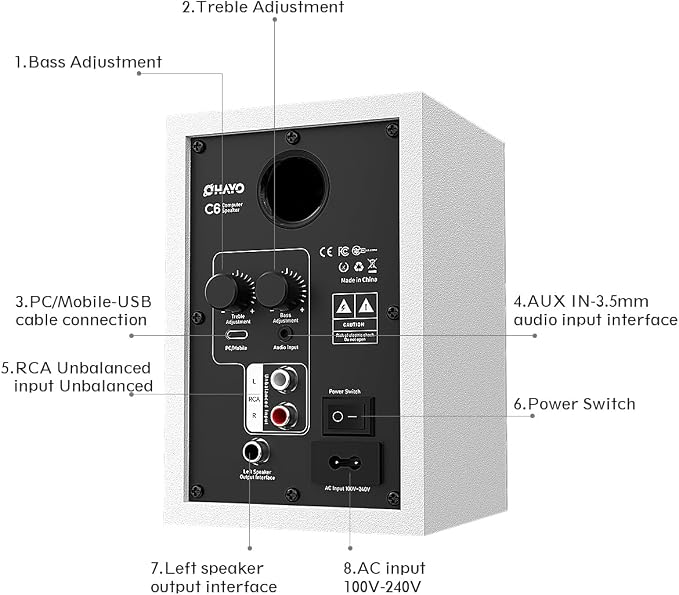OHAYO 60W Computer Speakers for Gaming and Music, Active Bluetooth 5.3, Stereo 2.0 Speakers for Desktop PC Monitor or Laptop, Surround Sound Speaker, 3.5 mm Aux RCA Input, USB-Powered, 1 Pair, White - Image 7