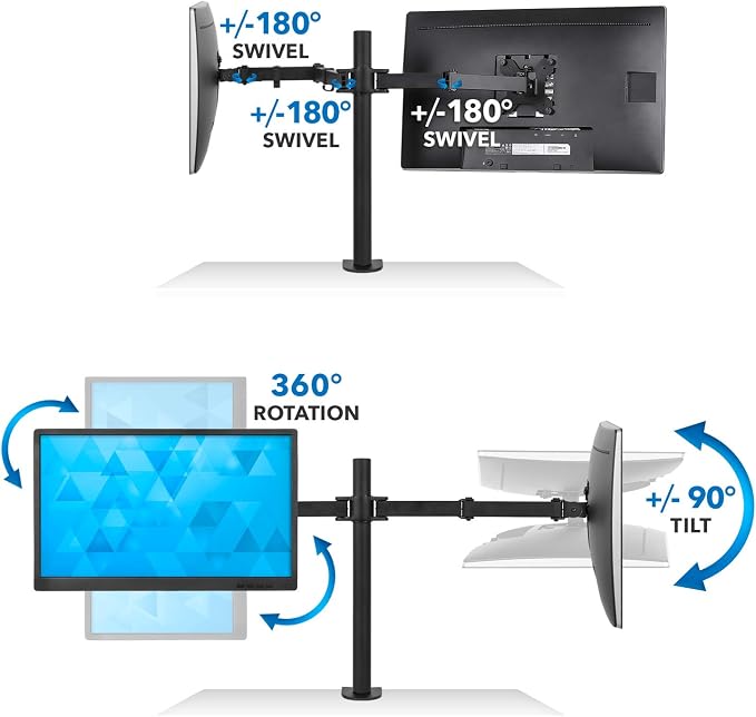 Mount-It! Dual Monitor Desk Mount, 17-32", 19.8 lbs Each | Full motion arms with tilt, swivel & rotate, VESA 75x75 100x100, C-clamp and grommet base. - Image 7