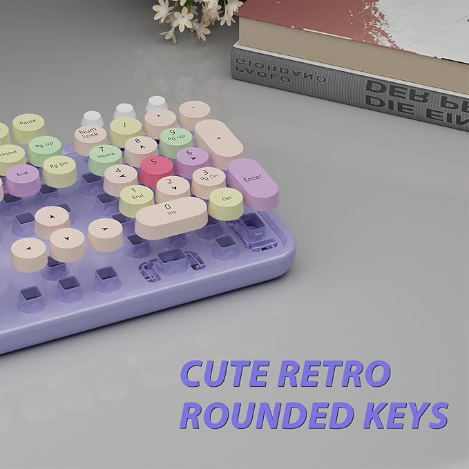 Wireless Computer Keyboard and Mouse Combo,Colorful Purple | Ergonomic Full Size Typewriter Retro Round Keycaps Keyboard, Compatible with Windows, PC, Perfer for Home and Office - Image 2