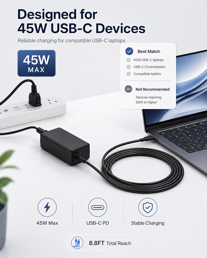 45W USB C Chromebook Charger, Type C Laptop Charger Replacement Compatible with Acer Chromebook 315/311, HP Dell Lenovo Samsung Google, PD Power Adapter with 8.8FT Cord - Image 3