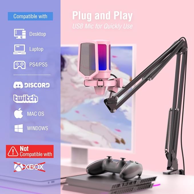 FIFINE A6T Pink Gaming USB Condenser Microphone Kit for Podcast Streaming | Mute Button, RGB Indicator, Gain Control, Boom Arm & Pop Filter, for PC/PS5/Mac Streaming Discord Twitch Podcasts - Image 5
