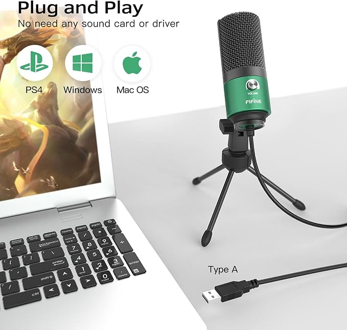 FIFINE K669 Green USB Condenser Microphone for Recording, Video Conference | Computer PC Mic with Gain Control, USB Cable for Streaming, Podcasting, Twitch, Discord - Image 4