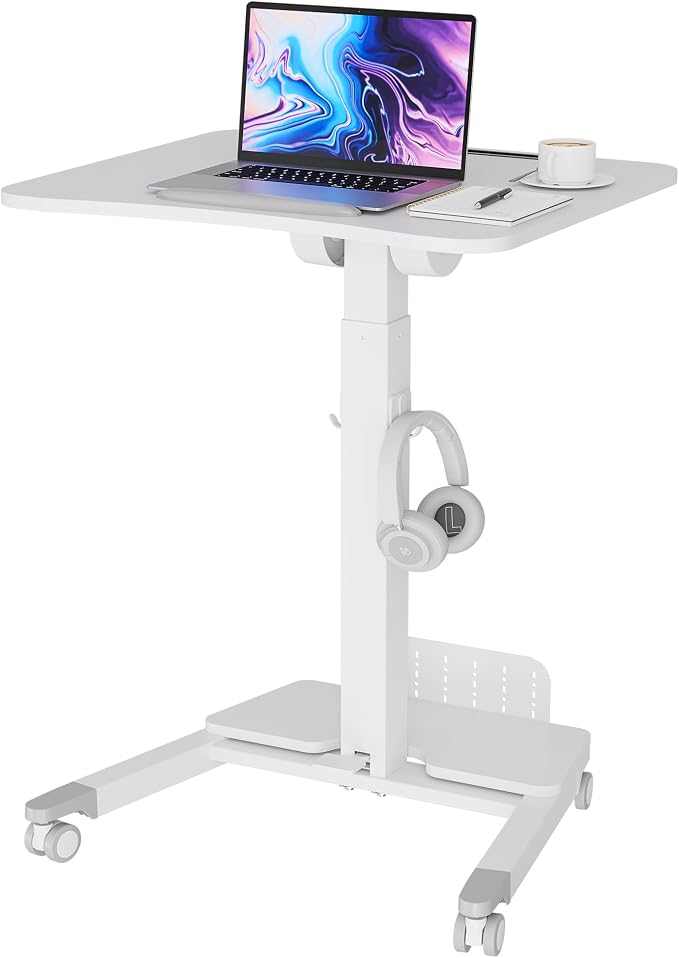 BONTEC Mobile Standing Desk, Adjustable Height, 23.6 x 20.5 Inch, White | Rolling Laptop Cart with Storage Shelf and Hooks, Portable Workstation with Pneumatic Lift, Ergonomic Compact Home Office Use by BONTEC