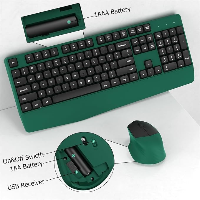 Ergonomic Wireless Keyboard and Mouse Combo with Wrist Rest (Black Green) | COVEVA Full Size Keyboard with 12 Dedicated Shortcuts, Smart Auto-Sleep, 2.4GHz Receiver, Natural Typing for PC Laptop - Image 6