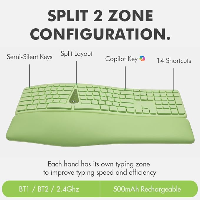 X9 Ergonomic Keyboard and Mouse Wireless Combo - Green Split Keyboard and Mouse Set, Bluetooth/2.4G, Soft Wrist Rest, Rechargeable, Silent Keys, Multi-Device for Laptop, PC, Mac, iOS, Android - Image 7