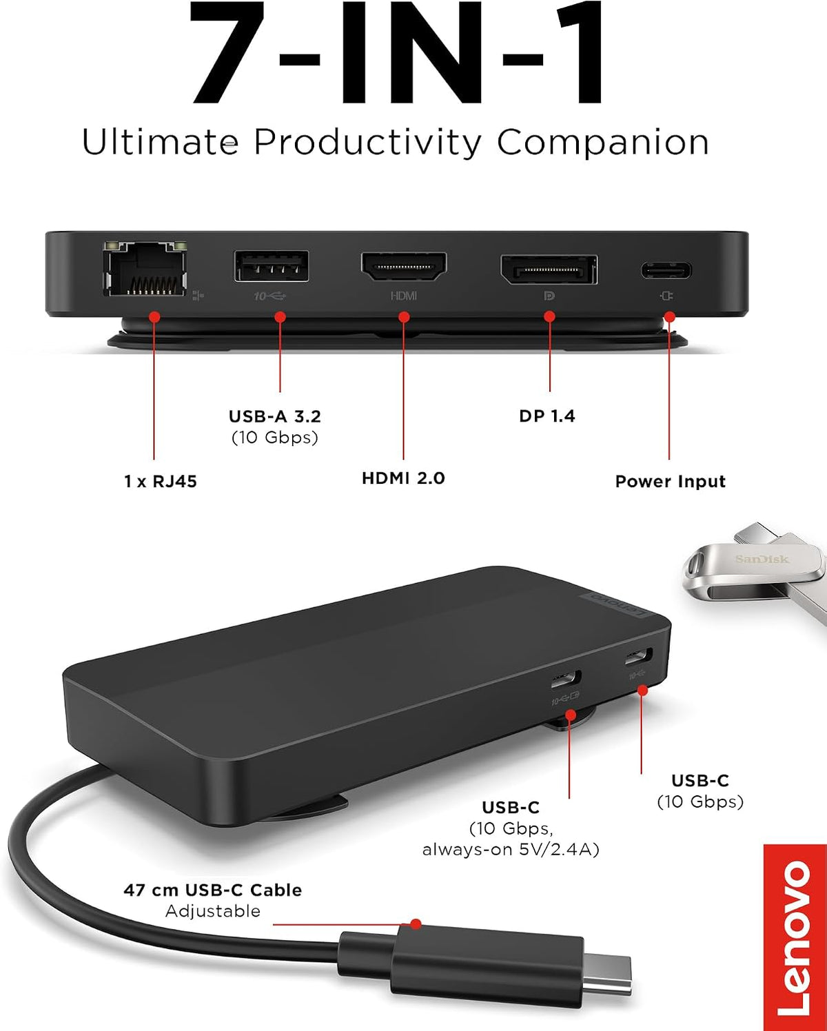 Lenovo USB-C Dual Display Travel Dock - 7 Ports, Integrated Cable, Universal Compatibility, Two displays at 4K - Black - Image 7