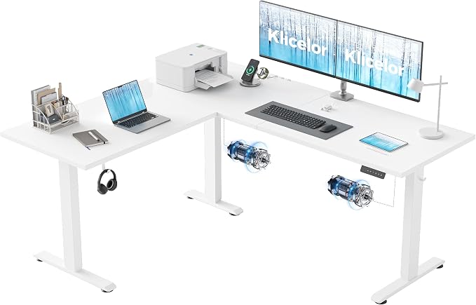 Klicelor L Shaped Standing Desk 63 x 55.1 Inch Dual Motors, Electric Height Adjustable Corner Desk for Home Office Workstation, Ergonomic Sit Stand Computer Table with Memory Controller, White by Unknown