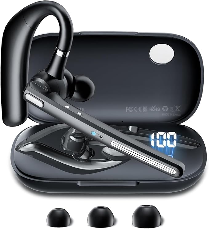 Bluetooth Headset with 72-Hour Talk Time & 500mAh Charging Case, Bluetooth V5.3 Headset with Noise Cancelling Mic – Wireless Earpiece Hands-Free Headphones for Office Trucker Driving Business,Black by COTOE