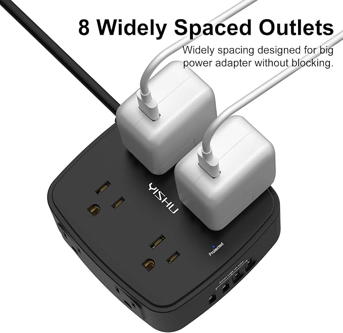 5Ft Surge Protector Power Strip - 8 Widely Outlets with 4 USB Ports, 3 Side Outlet Extender with 5 Feet Extension Cord, Flat Plug, Wall Mount, Desk USB Charging Station, ETL,Black - Image 4
