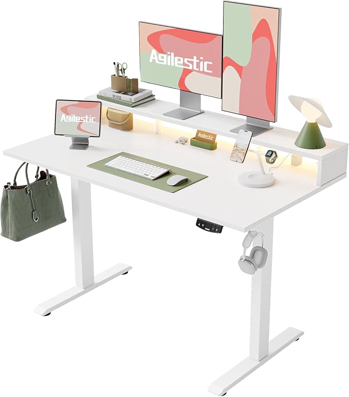 Agilestic 55 * 24 Inch Electric Standing Desk with Shelf & Led, White | Electric Height Adjustable, Outlets&Led, Monitor Stand, Sturdy Steel Frame, Memory Presets, Hooks, 154 lbs, Splice Board by Agilestic