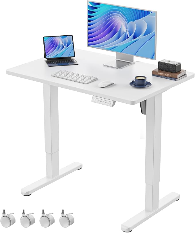 HUANUO Electric Small Standing Desk, Whole Piece Desktop, Adjustable Height Computer Desk, 4 Height Memory Settings, Sit Stand Up Desk for Home Office, 35" x 24", White by HUANUO