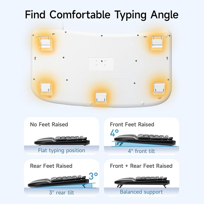 SANWA Wired Ergonomic Keyboard, Curved Wave Keyboard with Cushioned Wrist Rest, Compact Full-Size Layout, USB-A & C Port, 13 Shortcuts Keys, Natural Typing, Compatible with Win/Mac, Laptop, PC, White - Image 6