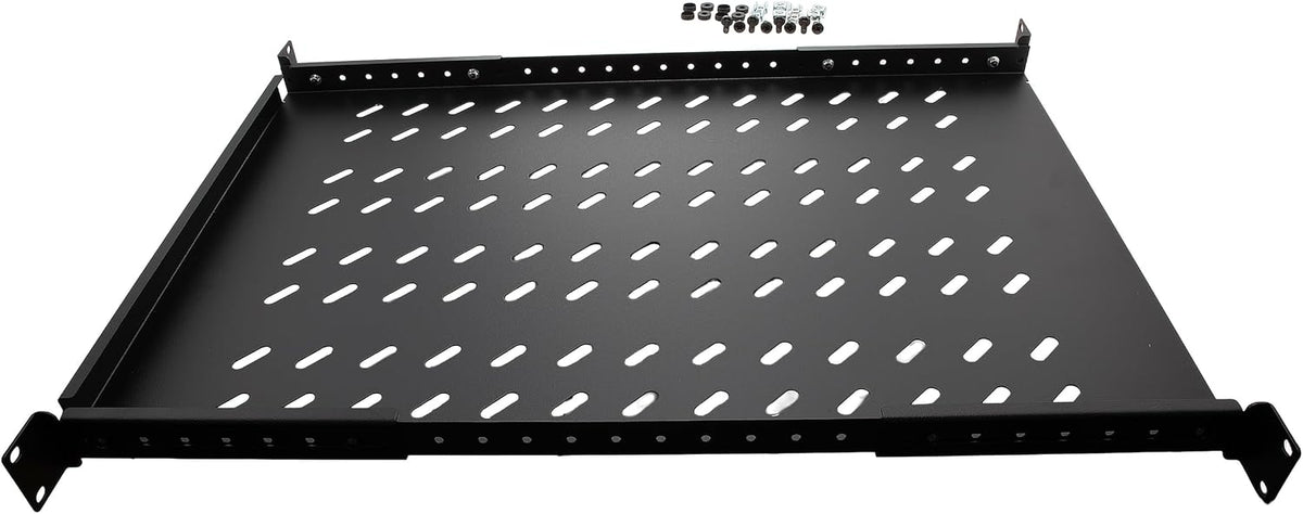 Vented 4-Post Shelf, Adjustable, Black, 650 mm Depth, 1U, 242 lbs, Cold Rolled Steel, CE Compliant - Image 2