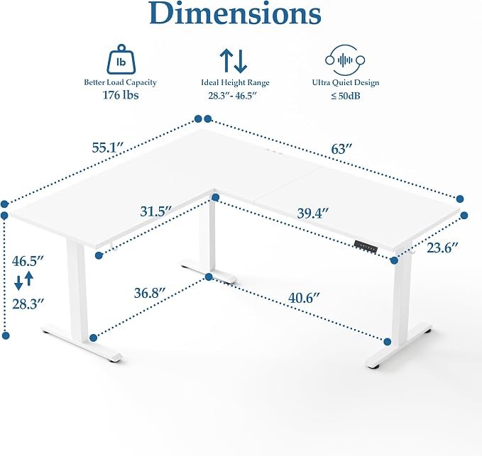Klicelor L Shaped Standing Desk 63 x 55.1 Inch Dual Motors, Electric Height Adjustable Corner Desk for Home Office Workstation, Ergonomic Sit Stand Computer Table with Memory Controller, White - Image 3