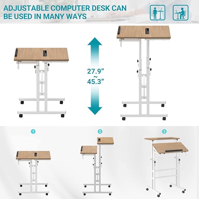 Small Standing Desk with Removable Cup Holder, Height Adjustable Mobile Laptop Stand on Wheels, Ergonomic Rolling Computer Workstation for Home Office, Portable Overbed Table for Couch & Bed, Khaki - Image 3