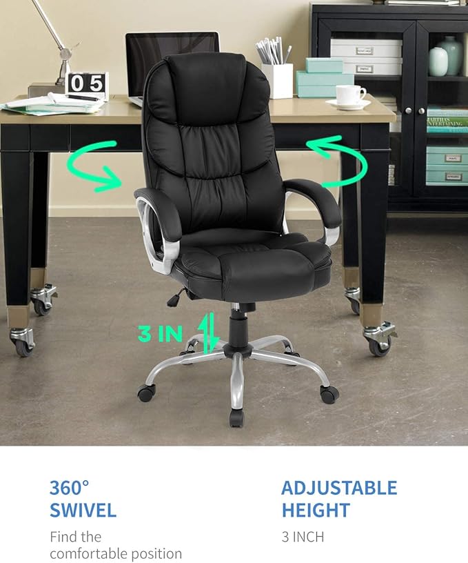 FDW | High Back Office Chair | Black, PU Leather | with Lumbar Support | Ergonomic Desk Chair with Height Adjustment, Padded Backrest & Soft Seat Cushion | For Home, Office, Workspaces - Image 6