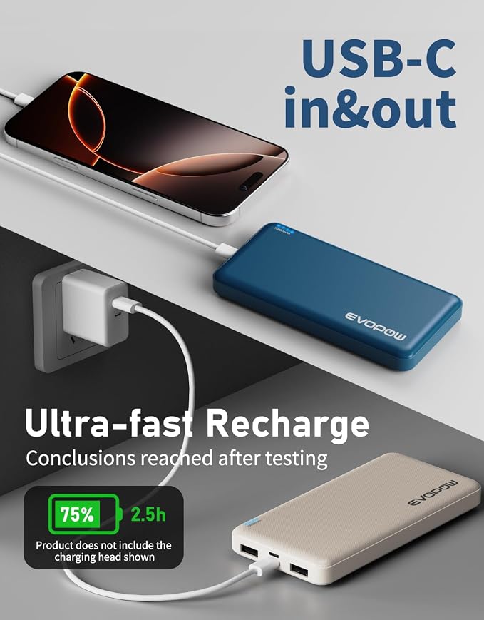 2Pack Portable Charger, 10000mAh Power Bank, Battery Pack, External Battery | Slimmer, Fast Charging, USB C in&Out, for iPhone Tablet Samsung Pixel Headphones etc (Blue&Beige) - Image 6