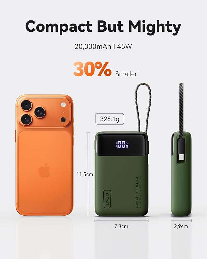INIU Portable Charger, Smaller 45W Fast Charging Power Bank, 20000mAh Green | Flight-Safe, Built in USB-C Cable, Travel Essential, Battery Phone Pack for iPhone 17 16 Pro, Samsung S26, iPad etc, Green - Image 3