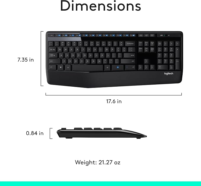 Logitech MK345 Full Size Wireless Keyboard and Mouse Combo - Black | Full size keyboard with integrated palm rest, compact right handed mouse, connect via single included USB-A Nano Receiver - Image 9